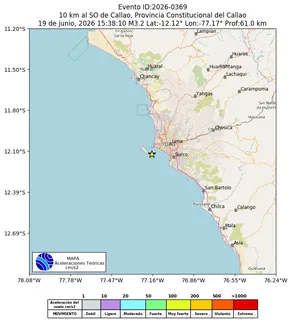 Mapa de aceleración teórica del sismo de magnitud 3.2 a 10 km al SO de Callao, Provincia Constitucional del Callao, Perú