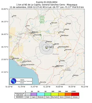 Mapa de aceleración teórica del sismo de magnitud 3.4 a 1 km al NE de La Capilla, General Sánchez Cerro - Moquegua, Perú