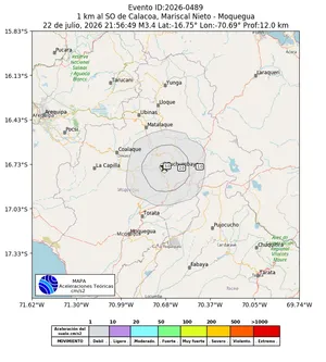 Mapa de aceleración teórica del sismo de magnitud 3.4 a 1 km al SO de Calacoa, Mariscal Nieto - Moquegua, Perú