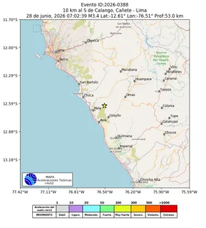 Mapa de aceleración teórica del sismo de magnitud 3.4 a 10 km al S de Calango, Cañete - Lima, Perú
