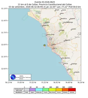 Mapa de aceleración teórica del sismo de magnitud 3.4 a 11 km al O de Callao, Provincia Constitucional del Callao, Perú