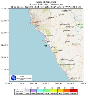 Mapa de aceleración teórica del sismo de magnitud 3.4 a 11 km al S de Chilca, Cañete - Lima, Perú