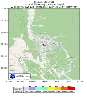 Mapa de aceleración teórica del sismo de magnitud 3.4 a 11 km al SE de Atalaya, Atalaya - Ucayali, Perú