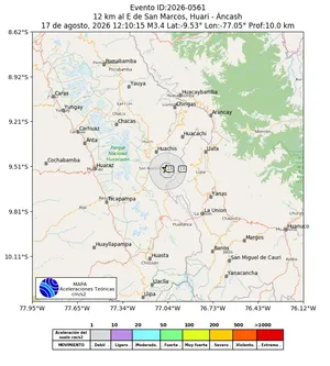 Mapa de aceleración teórica del sismo de magnitud 3.4 a 12 km al E de San Marcos, Huari - Áncash, Perú