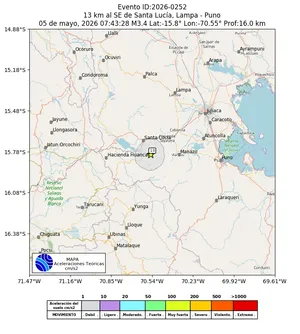 Mapa de aceleración teórica del sismo de magnitud 3.4 a 13 km al SE de Santa Lucía, Lampa - Puno, Perú