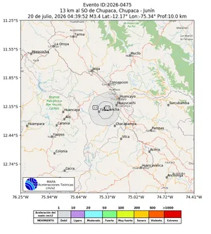 Mapa de aceleración teórica del sismo de magnitud 3.4 a 13 km al SO de Chupaca, Chupaca - Junín, Perú