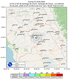 Mapa de aceleración teórica del sismo de magnitud 3.4 a 14 km al SE de Santiago de Chuco, Santiago de Chuco - La Libertad, Perú