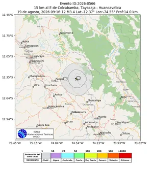 Mapa de aceleración teórica del sismo de magnitud 3.4 a 15 km al E de Colcabamba, Tayacaja - Huancavelica, Perú