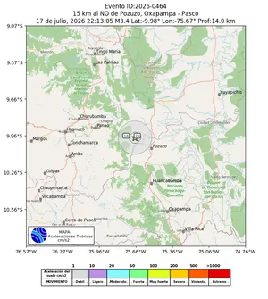 Mapa de aceleración teórica del sismo de magnitud 3.4 a 15 km al NO de Pozuzo, Oxapampa - Pasco, Perú