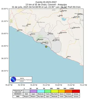 Mapa de aceleración teórica del sismo de magnitud 3.4 a 15 km al SE de Chala, Caraveli - Arequipa, Perú