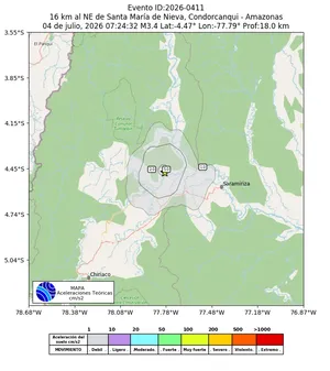 Mapa de aceleración teórica del sismo de magnitud 3.4 a 16 km al NE de Santa María de Nieva, Condorcanqui - Amazonas, Perú