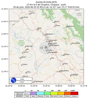 Mapa de aceleración teórica del sismo de magnitud 3.4 a 17 km al S de Chupaca, Chupaca - Junín, Perú