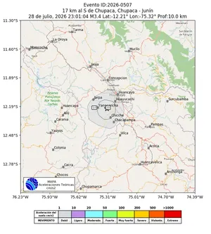 Mapa de aceleración teórica del sismo de magnitud 3.4 a 17 km al S de Chupaca, Chupaca - Junín, Perú