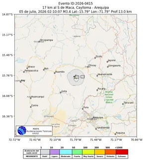 Mapa de aceleración teórica del sismo de magnitud 3.4 a 17 km al S de Maca, Caylloma - Arequipa, Perú
