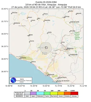 Mapa de aceleración teórica del sismo de magnitud 3.4 a 18 km al NO de Vitor, Arequipa - Arequipa, Perú