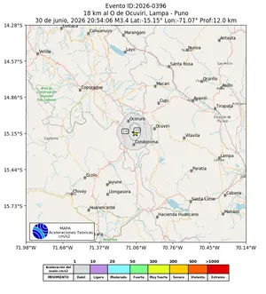 Mapa de aceleración teórica del sismo de magnitud 3.4 a 18 km al O de Ocuviri, Lampa - Puno, Perú