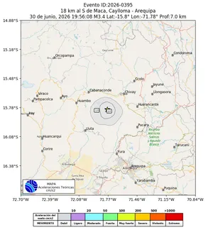 Mapa de aceleración teórica del sismo de magnitud 3.4 a 18 km al S de Maca, Caylloma - Arequipa, Perú