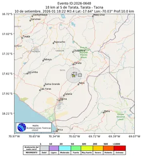 Mapa de aceleración teórica del sismo de magnitud 3.4 a 18 km al S de Tarata, Tarata - Tacna, Perú