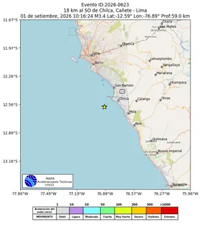 Mapa de aceleración teórica del sismo de magnitud 3.4 a 18 km al SO de Chilca, Cañete - Lima, Perú