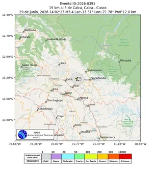 Mapa de aceleración teórica del sismo de magnitud 3.4 a 19 km al E de Calca, Calca - Cusco, Perú