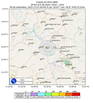 Mapa de aceleración teórica del sismo de magnitud 3.4 a 19 km al E de Oyon, Oyon - Lima, Perú
