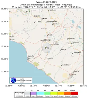 Mapa de aceleración teórica del sismo de magnitud 3.4 a 19 km al S de Moquegua, Mariscal Nieto - Moquegua, Perú