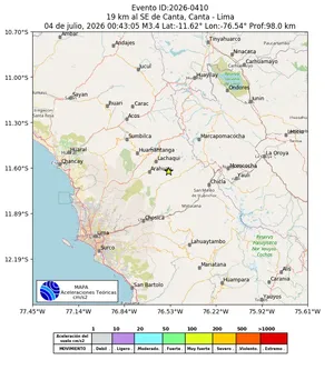 Mapa de aceleración teórica del sismo de magnitud 3.4 a 19 km al SE de Canta, Canta - Lima, Perú