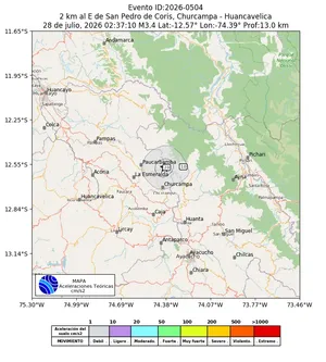 Mapa de aceleración teórica del sismo de magnitud 3.4 a 2 km al E de San Pedro de Coris, Churcampa - Huancavelica, Perú