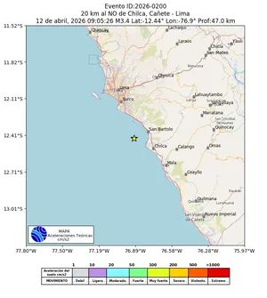 Mapa de aceleración teórica del sismo de magnitud 3.4 a 20 km al NO de Chilca, Cañete - Lima, Perú