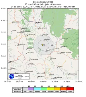 Mapa de aceleración teórica del sismo de magnitud 3.4 a 20 km al NO de Jaén, Jaén - Cajamarca, Perú