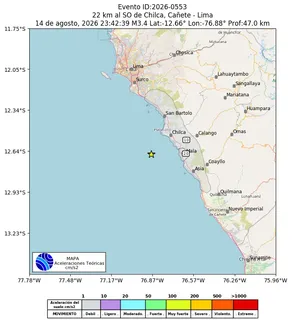 Mapa de aceleración teórica del sismo de magnitud 3.4 a 22 km al SO de Chilca, Cañete - Lima, Perú