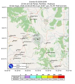 Mapa de aceleración teórica del sismo de magnitud 3.4 a 23 km al E de Panao, Pachitea - Huánuco, Perú