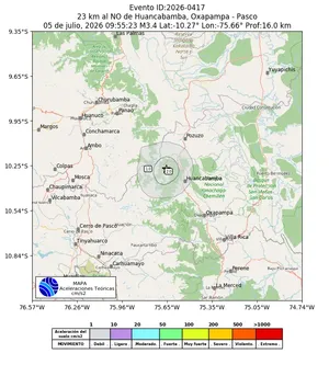 Mapa de aceleración teórica del sismo de magnitud 3.4 a 23 km al NO de Huancabamba, Oxapampa - Pasco, Perú