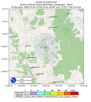 Mapa de aceleración teórica del sismo de magnitud 3.4 a 26 km al NO de Puerto Bermúdez, Oxapampa - Pasco, Perú