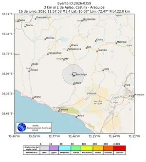 Mapa de aceleración teórica del sismo de magnitud 3.4 a 3 km al E de Aplao, Castilla - Arequipa, Perú