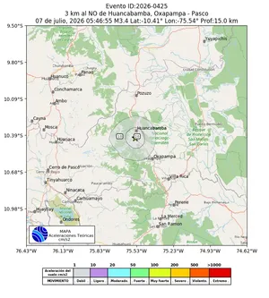Mapa de aceleración teórica del sismo de magnitud 3.4 a 3 km al NO de Huancabamba, Oxapampa - Pasco, Perú