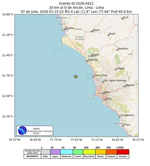 Mapa de aceleración teórica del sismo de magnitud 3.4 a 30 km al O de Ancón, Lima - Lima, Perú