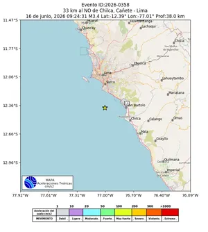 Mapa de aceleración teórica del sismo de magnitud 3.4 a 33 km al NO de Chilca, Cañete - Lima, Perú