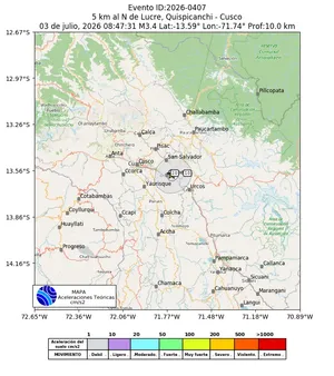 Mapa de aceleración teórica del sismo de magnitud 3.4 a 5 km al N de Lucre, Quispicanchi - Cusco, Perú