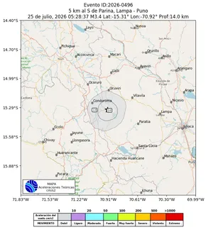 Mapa de aceleración teórica del sismo de magnitud 3.4 a 5 km al S de Parina, Lampa - Puno, Perú