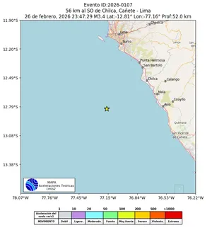 Mapa de aceleración teórica del sismo de magnitud 3.4 a 56 km al SO de Chilca, Cañete - Lima, Perú