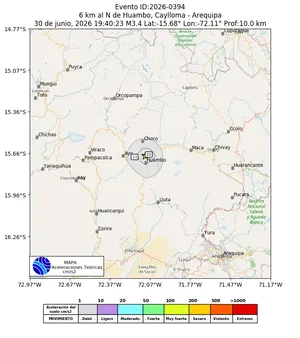Mapa de aceleración teórica del sismo de magnitud 3.4 a 6 km al N de Huambo, Caylloma - Arequipa, Perú