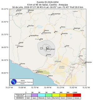 Mapa de aceleración teórica del sismo de magnitud 3.4 a 6 km al NE de Aplao, Castilla - Arequipa, Perú