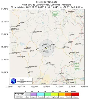 Mapa de aceleración teórica del sismo de magnitud 3.4 a 6 km al O de Cabanaconde, Caylloma - Arequipa, Perú