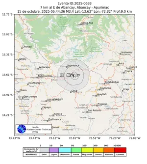Mapa de aceleración teórica del sismo de magnitud 3.4 a 7 km al E de Abancay, Abancay - Apurímac, Perú