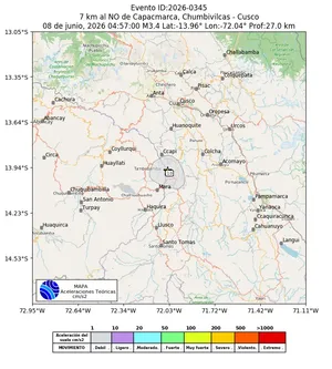 Mapa de aceleración teórica del sismo de magnitud 3.4 a 7 km al NO de Capacmarca, Chumbivilcas - Cusco, Perú