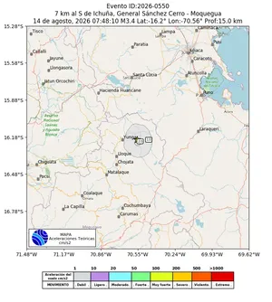Mapa de aceleración teórica del sismo de magnitud 3.4 a 7 km al S de Ichuña, General Sánchez Cerro - Moquegua, Perú