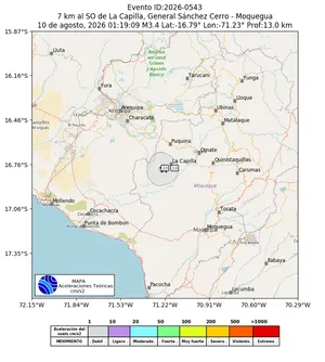 Mapa de aceleración teórica del sismo de magnitud 3.4 a 7 km al SO de La Capilla, General Sánchez Cerro - Moquegua, Perú