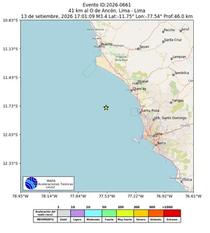 Mapa de aceleración teórica del sismo de magnitud 3.4 a 41 km al O de Ancón, Lima - Lima, Perú