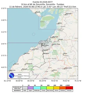 Mapa de aceleración teórica del sismo de magnitud 3.5 a 10 km al NE de Zarumilla, Zarumilla - Tumbes, Perú